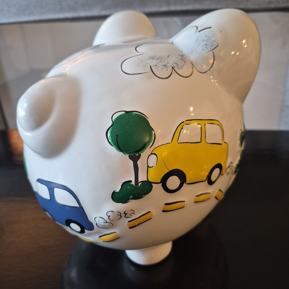 Child To Cherish Nordstrom Piggy Bank White Ceramic Colorful Cars Clouds - Picture 3 of 10